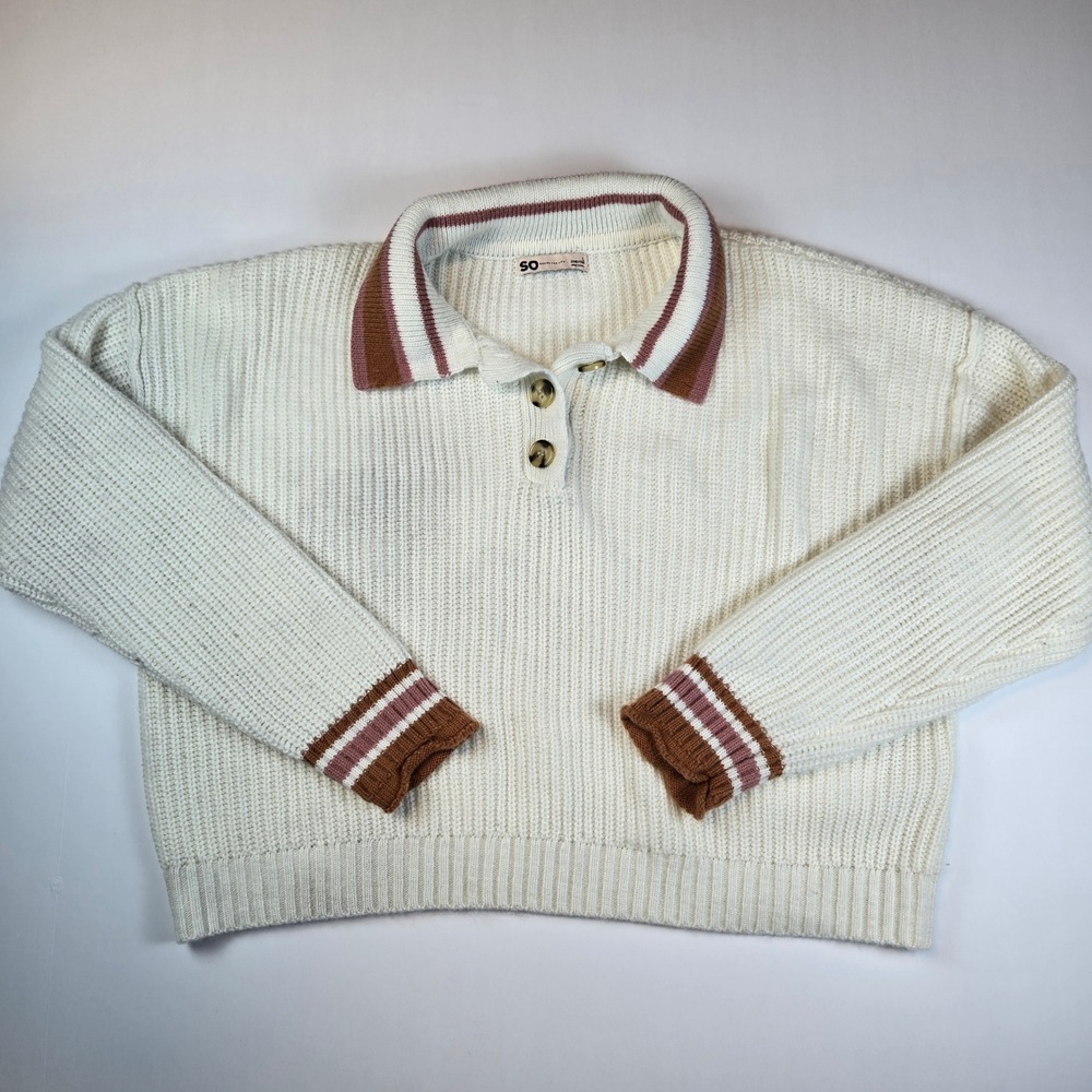 Y2k SO Sweater Cream Knit Brown Pink Striped Collar Womens Large Preppy Academia